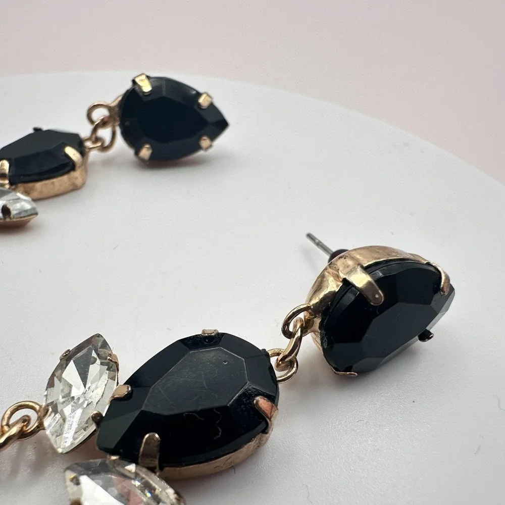 Vintage 90s Gold Tone Dangle Earrings Black &Clear Glass Women's Fashion Jewelry